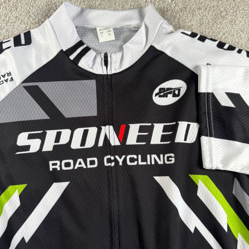 Sponeed Mens Road Cycling Jersey Large Black White Lime Green Full Zip Short Slv